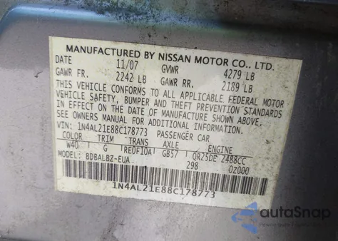 2008 Nissan Altima 2.5 S from USA, damaged, VIN 1N4AL21E88C178773